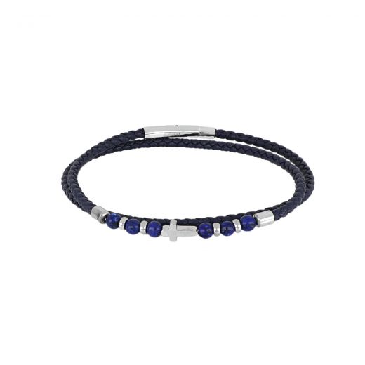 Blue leather bracelet with cross and sodalite semi-precious stones