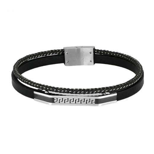 Black leather bracelet with a white plaque, black color with a Meander pattern and a stainless steel clasp.