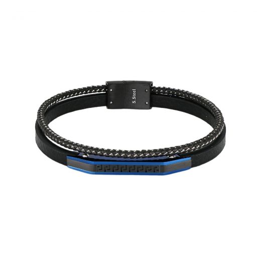 Black leather bracelet with blue, black color plaque with Meander design and stainless steel clasp