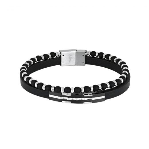 Black leather bracelet with white and black plaque with black onyx semi-precious stones