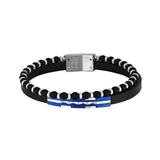 Black leather bracelet with white and blue plaque with black onyx semi-precious stones