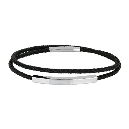 Bracelet made of black knitted leather and white steel element