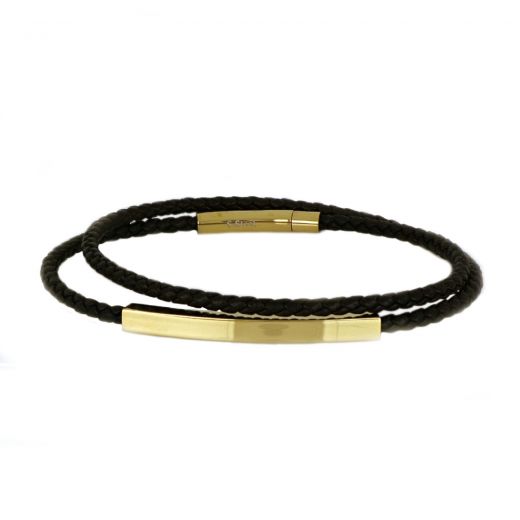 Bracelet made of black knitted leather and gold steel element
