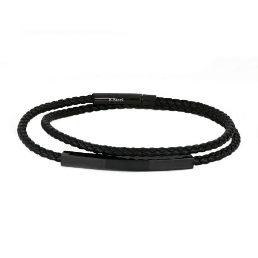 Bracelet made of black knitted leather and black steel element