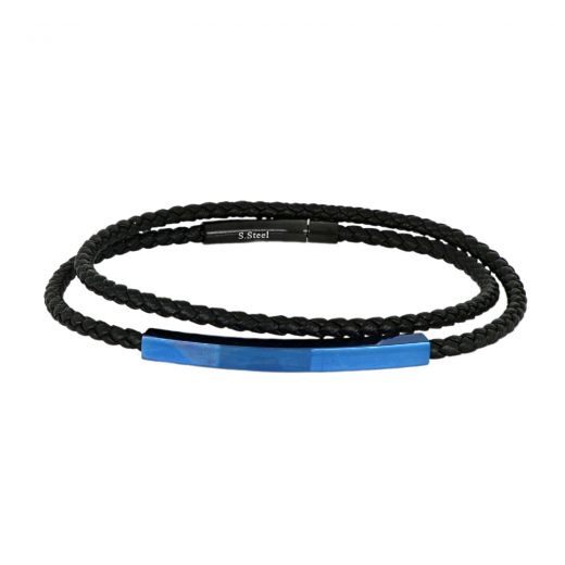 Bracelet made of black knitted leather and blue steel element