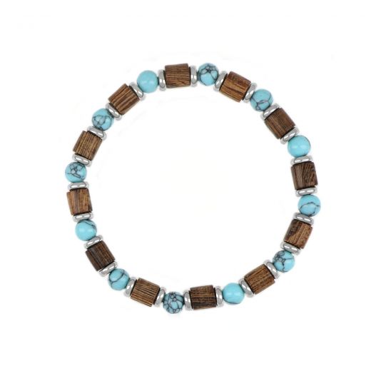 Elastic bracelet with semi-precious turquoise howlite stones and coconut wood