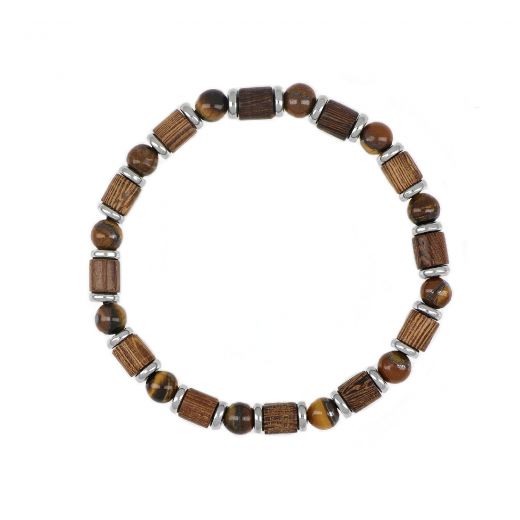 Elastic bracelet with semi-precious tiger's eye stones and coconut wood