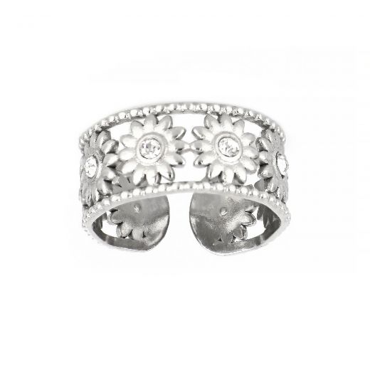 Stainless steel ring with flowers and cubic zirconia