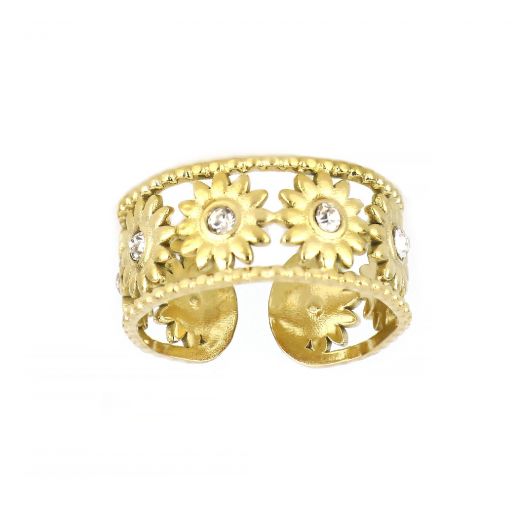 Stainless steel gold plated ring with flowers and cubic zirconia