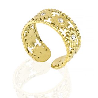 Stainless steel gold plated ring with flowers and cubic zirconia - 