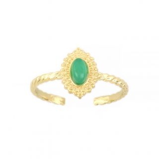 Δαχτυλίδι ατσάλινο επίχρυσο οβάλ με ανάγλυφο περίγραμμα και πράσινη πέτρα free size