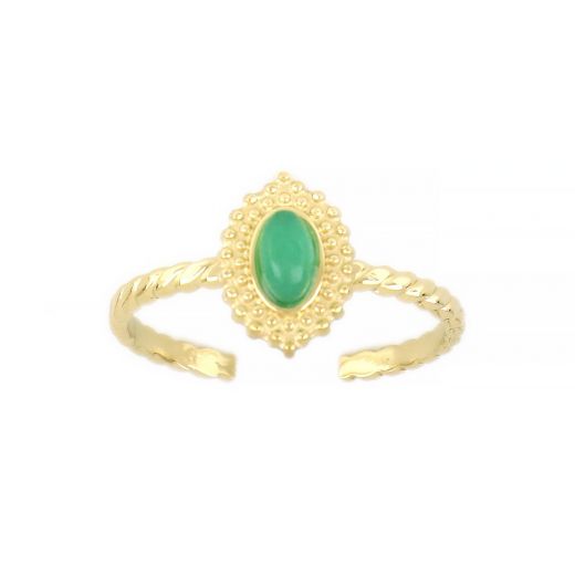 Stainless steel ring with oval shape embossed and green stone free size