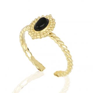 Stainless steel ring with oval shape embossed and black stone free size - 