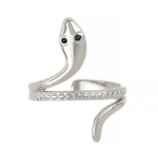 Stainless steel ring with snake with black stones