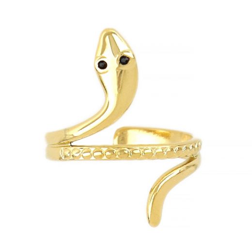 Stainless steel gold plated ring with snake with black stones