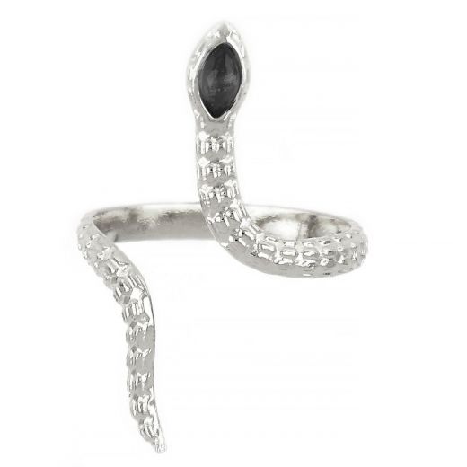 Stainless steel ring with embossed surface and black crystal