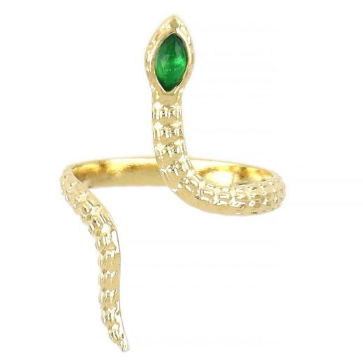Stainless steel gold plated ring with embossed surface and green crystal