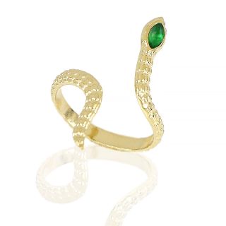 Stainless steel gold plated ring with embossed surface and green crystal - 