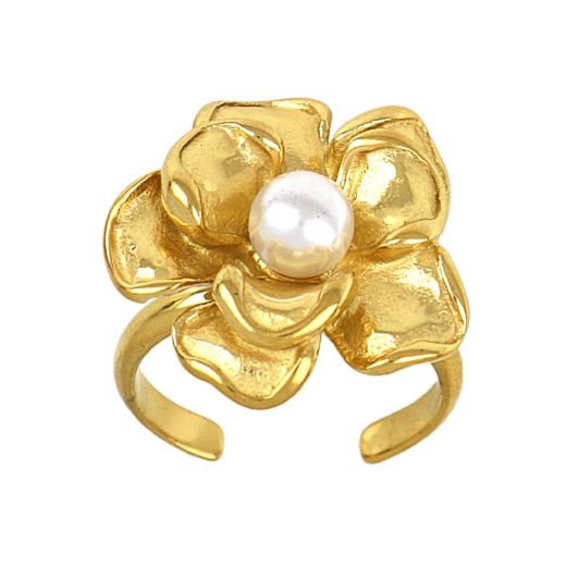 Ring stainless steel gold-plated flower with pearl