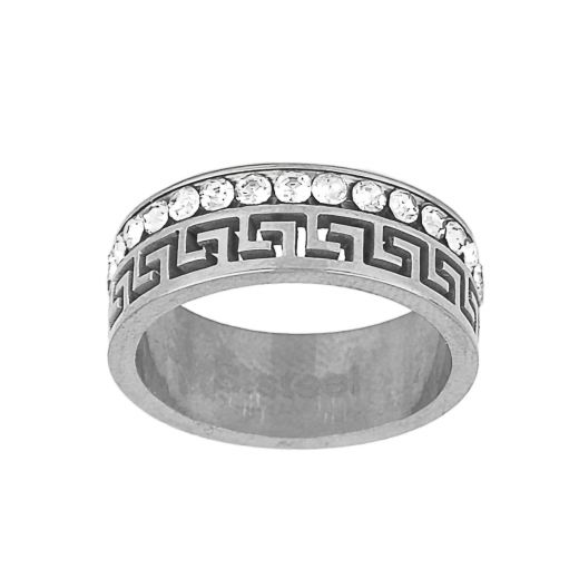 Stainless steel ring with meander and zircon