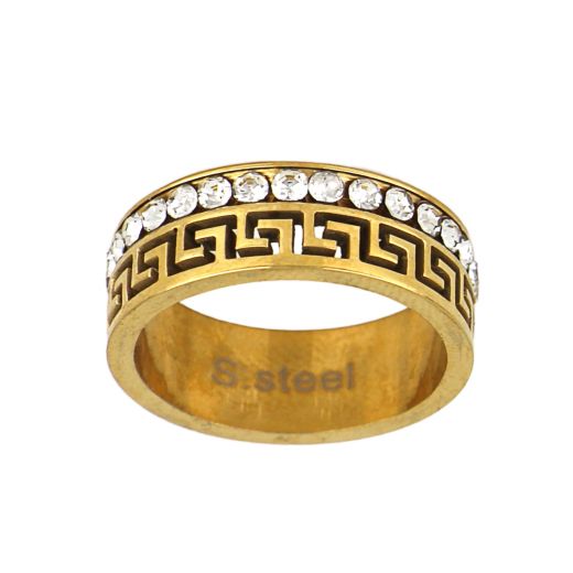 Stainless steel gold plated ring with meander and zircon
