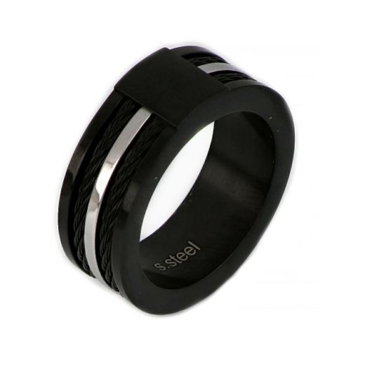 Ring made of stainless steel and black steel wire with silver detail.