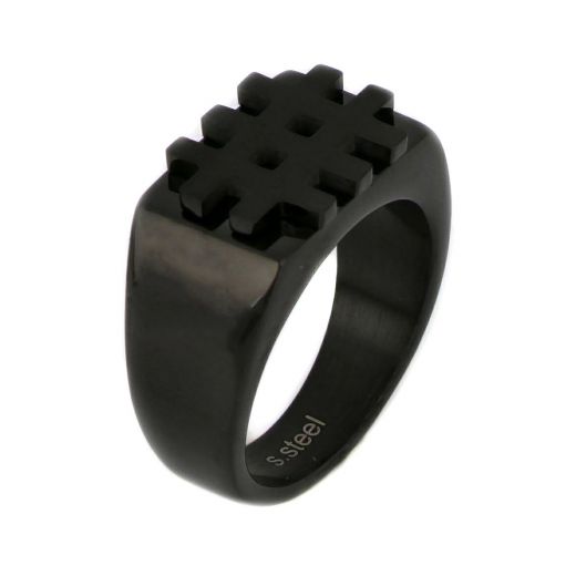 Ring made of black stainless steel with embossed design.