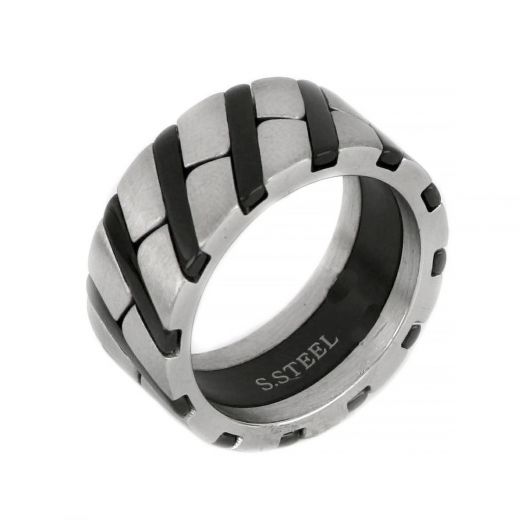 Ring made of stainless steel with diagonal black lines.