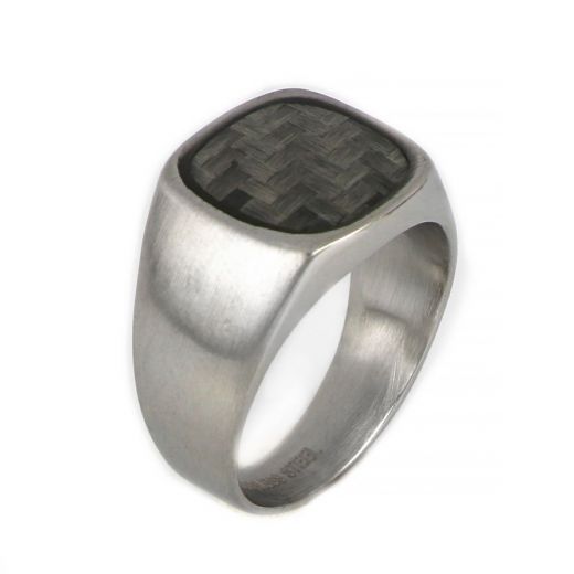 Ring made of white stainless steel with silver carbon fiber.