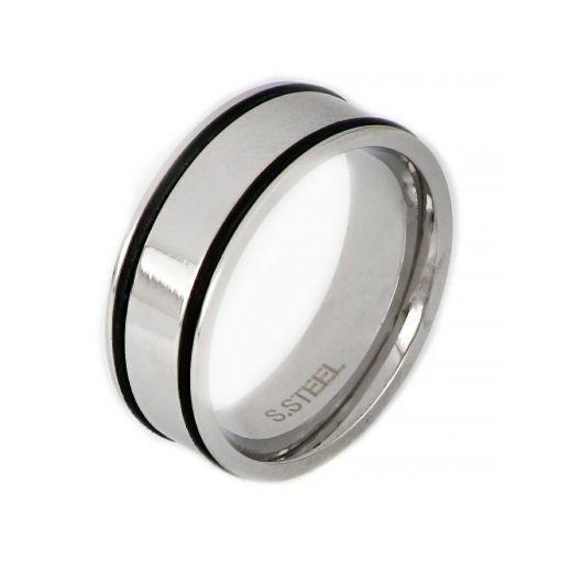 Ring made of white stainless steel with two black lines.
