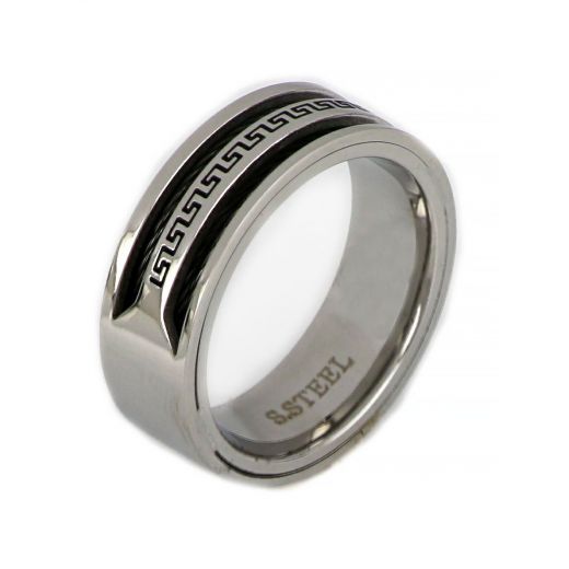 Ring made of stainless steel with discreet meander and black steel wire.