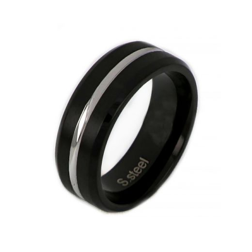 Ring made of black stainless steel with one white line.