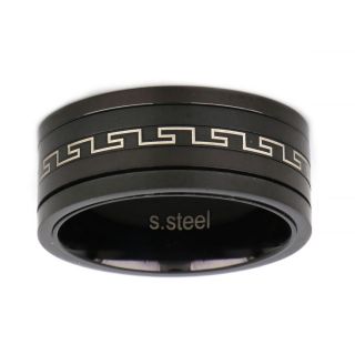 Ring made of black stainless steel with discreet meander design. - 