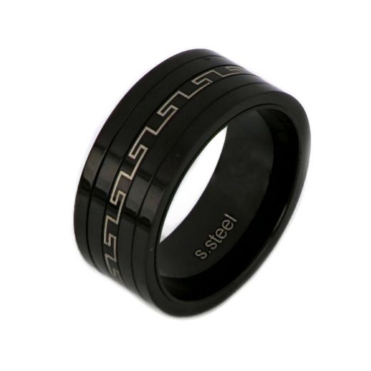 Ring made of black stainless steel with discreet meander design.
