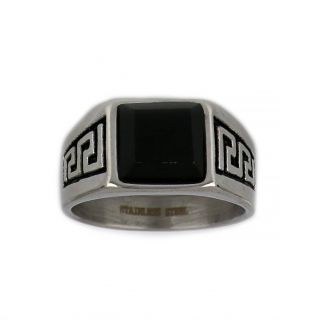 Ring made of stainless steel with meander and black stone. - 