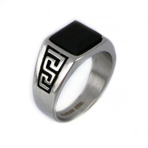Ring made of stainless steel with meander and black stone.