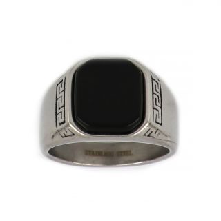 Ring made of stainless steel with meander and square black stone. - 