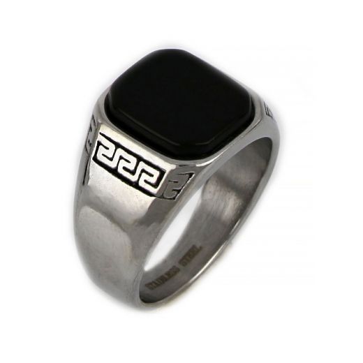 Ring made of stainless steel with meander and square black stone.