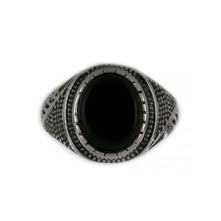 Ring made of stainless steel with embossed design and black stone. - 