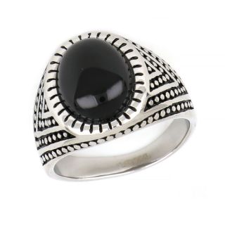 Ring made of stainless steel with embossed design and black round stone. - 