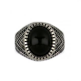 Ring made of stainless steel with embossed design and black round stone. - 