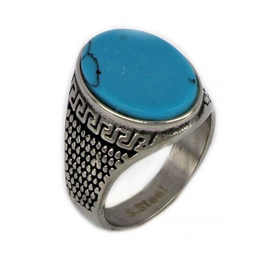 Ring made of stainless steel with meander and turquoise stone.