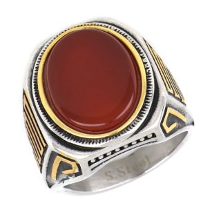 Ring made of stainless steel with gold plated meander and carnelian stone. - 