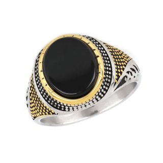 Ring made of stainless steel with gold plated embossed design and black stone. - 