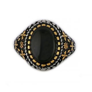 Ring made of stainless steel with gold plated details and black stone! - 