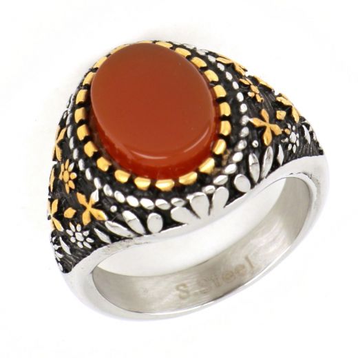 Ring made of stainless steel with gold plated details and carnelian stone.