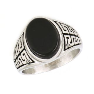 Ring made of stainless steel with meander and oval black stone. - 