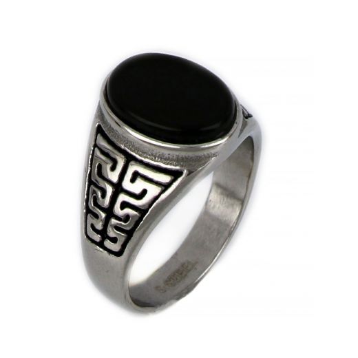 Ring made of stainless steel with meander and oval black stone.
