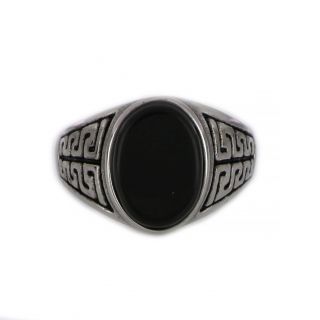 Ring made of stainless steel with meander and oval black stone. - 