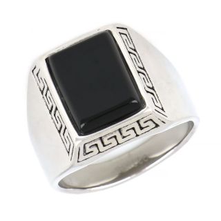 Ring made of stainless steel with discreet meander design and black stone. - 